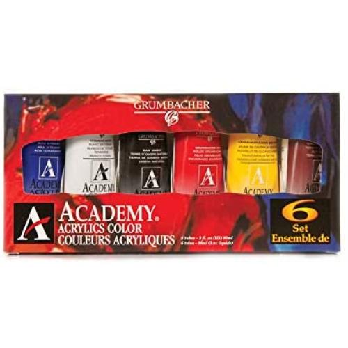 Grumbacher Academy Acrylic Paint, 90ml/3 oz Metal Tube, 6-Color Mixing Set (C1026)