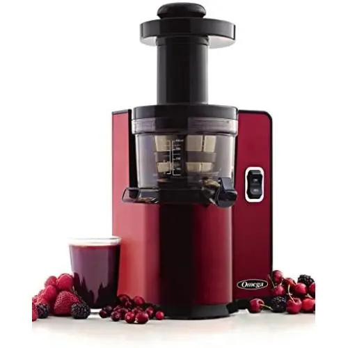 Omega Vertical Slow Masticating Juicer Makes Continuous Fresh Fruit and Vegetable Juice at 43 Revolutions per Minute Features Compact Design Automatic Pulp Ejection, 150-Watt, Red Omega Vertical Slow Masticating Juicer Makes Continuous Fresh Fruit and Vegetable Juice at 43 Revolutions per Minute Features Compact Design Automatic Pulp Ejection, 150-Watt, Red