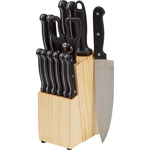 Amazon Basics 14-Piece Kitchen Knife Set with High-Carbon Stainless-Steel Blades and Pine Wood Block