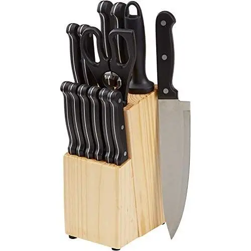 Amazon Basics 14-Piece Kitchen Knife Set with High-Carbon Stainless-Steel Blades and Pine Wood Block