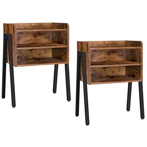 HOOBRO Nightstand Set of 2, Stackable End Table with 2 Open Front Storage Compartments, 3 Tier Bedside Tables for Small Spaces, Wood Look Accent Table with Metal Frame, Rustic Brown BF02BZP201