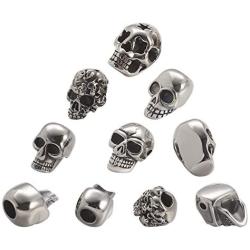 UNICRAFTALE 10pcs 5 Styles Skull Beads 1-6mm Stainless Steel Beads 16-20mm Long Skull Loose Beads Spacer Beads Antique Silver Halloween Beads for Jewelry Making DIY Bracelet Necklace