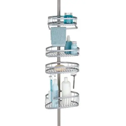 iDesign York Metal Wire Tension Rod Corner Shower Caddy, Adjustable 5-9 Pole and Baskets for Shampoo, Conditioner, Soap with Hooks for Razors, Towels, Silver iDesign York Metal Wire Tension Rod Corner Shower Caddy, Adjustable 5-9 Pole and Baskets for Shampoo, Conditioner, Soap with Hooks for Razors, Towels, Silver