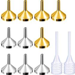 TecUnite 10 Pack Small Metal Funnels with 2 Pack Mini Pipette for Filling Small Mini Bottles or Containers, Atomizers, Perfume, Liquid (Silver and Gold)