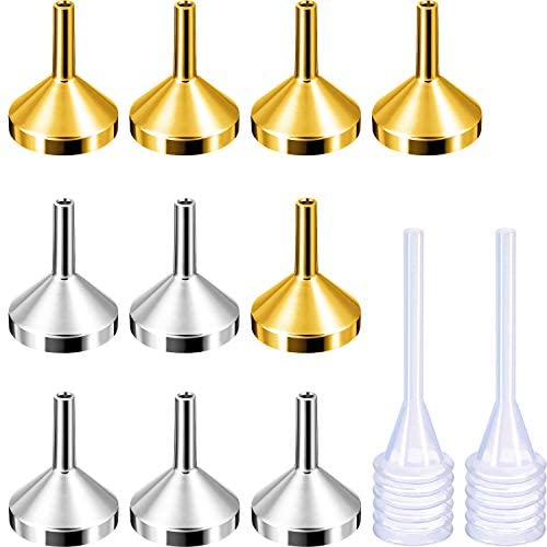 TecUnite 10 Pack Small Metal Funnels with 2 Pack Mini Pipette for Filling Small Mini Bottles or Containers, Atomizers, Perfume, Liquid (Silver and Gold)