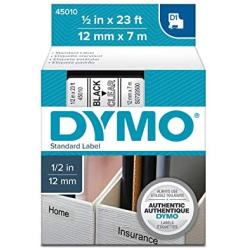 DYMO Authentic D1 Label l DYMO Labels for LabelManager, COLORPOP and LabelWriter Duo Label Makers, Great for Organization, Indoor and Outdoor Use, ½” (12mm), Black Print on Clear Tape, Water Resistant