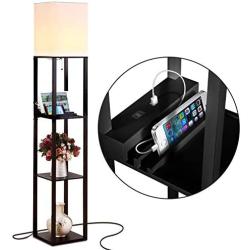 Brightech Maxwell Charger - Shelf Floor Lamp with USB Charging Ports and Electric Outlet - Tall, Narrow Tower Nightstand for Bedroom - Modern, Asian End Table with Light Attached - Black