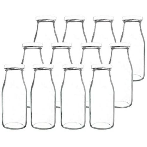 YEBODA 11oz Glass Milk Bottles with Reusable Metal Twist Lids and Straws for Beverage Glassware and Drinkware Parties, Weddings, BBQ, Picnics, Set of 12