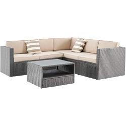 SOLAURA Outdoor Patio Furniture 4-Piece(5 Seats) Furniture Sectional Sofa Set All Weather Conversation Set Warm Grey Wicker with Brown Cushions & Sophisticated Glass Coffee Table