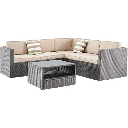 SOLAURA Outdoor Patio Furniture 4-Piece(5 Seats) Furniture Sectional Sofa Set All Weather Conversation Set Warm Grey Wicker with Brown Cushions & Sophisticated Glass Coffee Table SOLAURA Outdoor Patio Furniture 4-Piece(5 Seats) Furniture Sectional Sofa Set All Weather Conversation Set Warm Grey Wicker with Brown Cushions & Sophisticated Glass Coffee Table