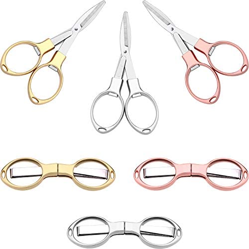 Tatuo 6 Pieces Stainless Steel Scissors Anti-Rust Folding Scissors Glasses-Shaped Mini Shear for Home and Travel Use (Rose Gold, Gold, Silver)