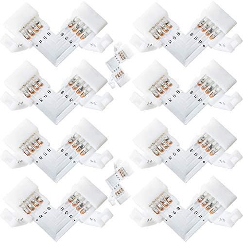L Shape 4-Pin LED Connectors 10-Pack JACKYLED 10mm Wide Right Angle Corner Solderless Adapter Connector Terminal Extension with 22Pcs Clip Connectors for 3528/5050 SMD RGB 4 Conductor LED Light Strips
