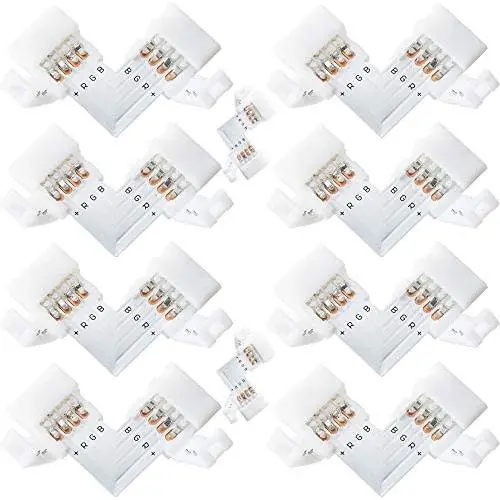 L Shape 4-Pin LED Connectors 10-Pack JACKYLED 10mm Wide Right Angle Corner Solderless Adapter Connector Terminal Extension with 22Pcs Clip Connectors for 3528/5050 SMD RGB 4 Conductor LED Light Strips