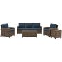 Crosley Furniture KO70051WB-NV Bradenton Outdoor Wicker 5-Piece Set (Sofa, 2 Arm Chairs, Side & Coffee Table), Brown with Navy Cushions