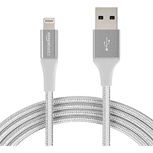 Amazon Basics Double Braided Nylon Lightning to USB Cable, Advanced Collection, MFi Certified Apple iPhone Charger, Silver, 10 Feet