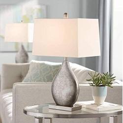 Royce Modern Table Lamps Set of 2 Silver Metal Teardrop Off White Rectangular Shade for Living Room Family Bedroom Bedside - 360 Lighting