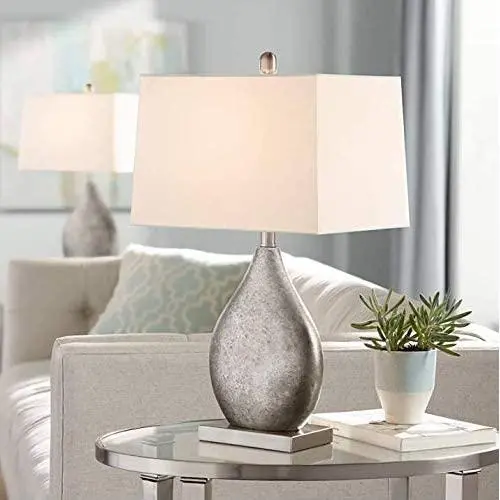 Royce Modern Table Lamps Set of 2 Silver Metal Teardrop Off White Rectangular Shade for Living Room Family Bedroom Bedside - 360 Lighting Royce Modern Table Lamps Set of 2 Silver Metal Teardrop Off White Rectangular Shade for Living Room Family Bedroom Bedside - 360 Lighting