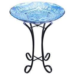 MUMTOP Outdoor Glass Birdbath with Metal Stand for Lawn Yard Garden Decor,18” Dia/21.65 Height