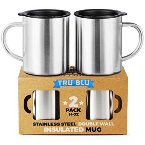 Stainless Steel Coffee Mug with Lid, Set of 2 – 14 oz Premium Double Wall Insulated Travel Cup, Metal Mug with Handle – Shatterproof, BPA Free, Dishwasher Safe, Tea, Beer