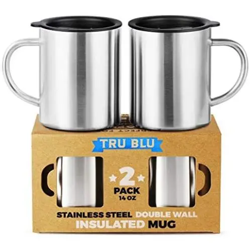 Stainless Steel Coffee Mug with Lid, Set of 2 – 14 oz Premium Double Wall Insulated Travel Cup, Metal Mug with Handle – Shatterproof, BPA Free, Dishwasher Safe, Tea, Beer Stainless Steel Coffee Mug with Lid, Set of 2 – 14 oz Premium Double Wall Insulated Travel Cup, Metal Mug with Handle – Shatterproof, BPA Free, Dishwasher Safe, Tea, Beer