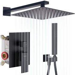 Tenfe Shower System with 10 Inches Rain Shower Head and Square Handheld Spray, Matte Black Wall Mounted Rainfall Showerhead Combo Set (Contain Brass Rough-in Valve Body and Trim)