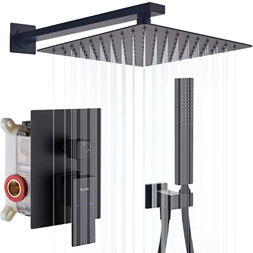 Tenfe Shower System with 10 Inches Rain Shower Head and Square Handheld Spray, Matte Black Wall Mounted Rainfall Showerhead Combo Set (Contain Brass Rough-in Valve Body and Trim)
