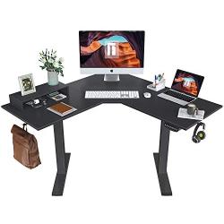 FEZIBO L-Shaped Electric Standing Desk, 48 Inches Height Adjustable Corner Desk, Full Sit Stand Home Office Table with Splice Board, Black Frame/Black Top