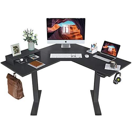 FEZIBO L-Shaped Electric Standing Desk, 48 Inches Height Adjustable Corner Desk, Full Sit Stand Home Office Table with Splice Board, Black Frame/Black Top FEZIBO L-Shaped Electric Standing Desk, 48 Inches Height Adjustable Corner Desk, Full Sit Stand Home Office Table with Splice Board, Black Frame/Black Top