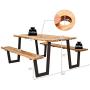 Giantex Picnic Table Bench Set with Umbrella Hole, Outdoor Dining Table Set, 70” Acacia Wood Picnic Beer Table with Metal Frame (Natural & Black)