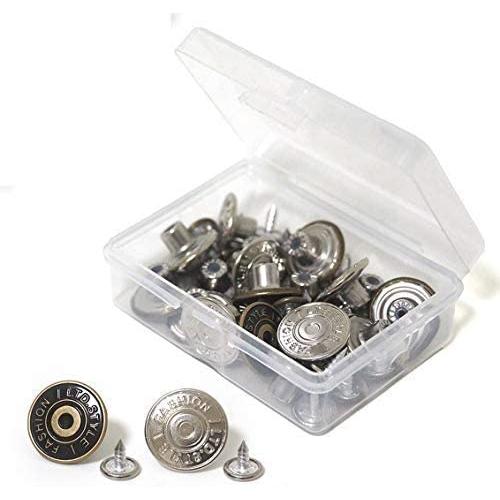 20 Sets Replacement Jean Buttons 17mm Combo Copper Tack Buttons Replacement Kit with Rivets and Metal Base in Plastic Storage Box