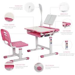 Diroan Kids Functional Desk and Chair Set, Height Adjustable Children School Study Desk with Tilt Desktop, Book Stand, LED Light, Metal Hook and Storage Drawer for Boys Girls (Pink)