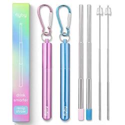 Flyby Portable Reusable Drinking Straws | Collapsible & Foldable Telescopic Stainless Steel Metal Straw Dispenser | Final Aluminum Case, Long Cleaning Brush, Silicone Tip | Light Blue & Pink | 2-Pack