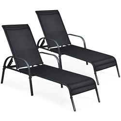 Giantex 2 Pcs Outdoor Chaise Lounge Chair, Adjustable Reclining Lounge Chairs Patio Furniture, Backyard Lawn Sling Chaise w/Adjustable Back, Folding Recliners for Beach Yard Pool (Black)