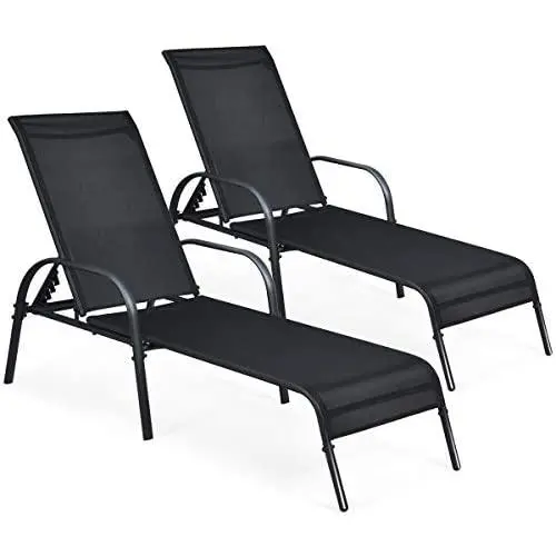 Giantex 2 Pcs Outdoor Chaise Lounge Chair, Adjustable Reclining Lounge Chairs Patio Furniture, Backyard Lawn Sling Chaise w/Adjustable Back, Folding Recliners for Beach Yard Pool (Black) Giantex 2 Pcs Outdoor Chaise Lounge Chair, Adjustable Reclining Lounge Chairs Patio Furniture, Backyard Lawn Sling Chaise w/Adjustable Back, Folding Recliners for Beach Yard Pool (Black)