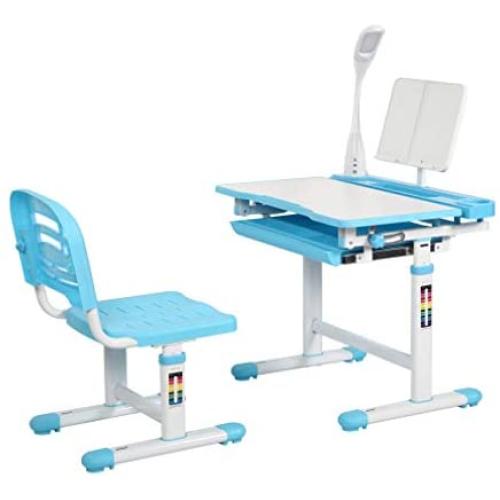 Diroan Kids Functional Desk and Chair Set, Height Adjustable Children School Study Desk with Tilt Desktop, Bookstand, LED Light, Metal Hook and Storage Drawer for Boys Girls (Blue)