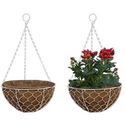 TABOR TOOLS MT2107A 2-Pack Metal Hanging Planter Basket with Natural Coconut Coir Liner, Chain and Hook Included (Hen Mesh 12, White)