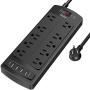 Power Strip with 8 Ft, YINTAR Surge Protector with 10 Outlets and 4 USB Ports, 8 Feet Flat Plug Extension Cord (1875W/15A) for for Home, Office, Dorm Essentials, 2100 Joules, ETL Listed, - Black