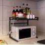 Metal Microwave Oven Rack Toaster Stand Shelf Expandable Kitchen Supplies Tableware Storage Counter Space Saver Cabinet Organizer Spice Holder with 3 Hooks, 60lbs Weight Capacity Black Stainless Steel