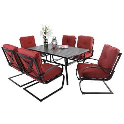 PHI VILLA 7 Piece Patio Dining Set with 60''x38'' Rectangular Large Metal Dining Table and 6 Pcs Outdoor C-Spring Motion Dining Chairs, Padded with Red Cushion for Patio Backyard