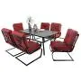 PHI VILLA 7 Piece Patio Dining Set with 60''x38'' Rectangular Large Metal Dining Table and 6 Pcs Outdoor C-Spring Motion Dining Chairs, Padded with Red Cushion for Patio Backyard