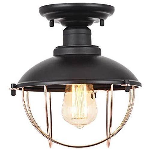 Pauwer Vintage Semi Flush Mount Ceiling Light Industrial Metal Cage Ceiling Light Fixture Farmhouse Close to Ceiling Light Fixture Black for Hallway Kitchen Garage Bathroom