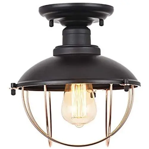 Pauwer Vintage Semi Flush Mount Ceiling Light Industrial Metal Cage Ceiling Light Fixture Farmhouse Close to Ceiling Light Fixture Black for Hallway Kitchen Garage Bathroom