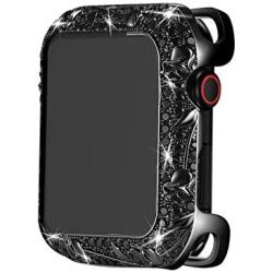 Bling Cases Compatible for Apple Watch 38mm 40mm 42mm 44mm, Rhinestone Crystal Diamond Stainless Steel Cover Protector for iWatch Series 6 SE Series 5 Series 4 Series 3/2/1 (Black Flower, 38 mm)