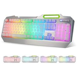 RGB LED Backlit Gaming Keyboard with Anti-ghosting, Light up Keys Multimedia Control, USB Wired Waterproof Metal Keyboard for PC Games Office (Silver&White)