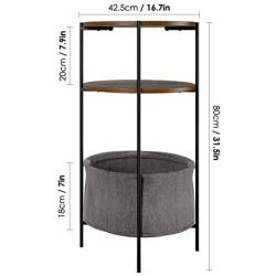 Homfa Vintage Round End Table, 3-Tier Industrial Side Table Night Stand with Storage Basket Wood Look Accent Furniture with Metal Frame