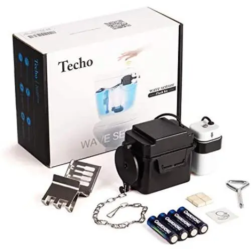 Techo Touchless Toilet Flush Kit with 8” Sensor Range, Adjustable Sensor Range and Flush Time, Automatic Motion Sensor Toilet Flush Kit Powered by Batteries Techo Touchless Toilet Flush Kit with 8” Sensor Range, Adjustable Sensor Range and Flush Time, Automatic Motion Sensor Toilet Flush Kit Powered by Batteries