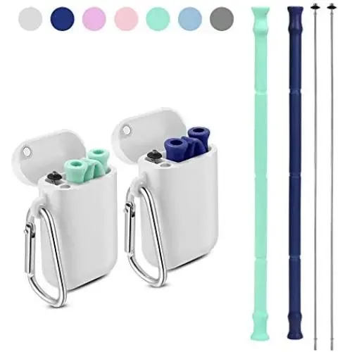 Yoocaa Reusable Straws - 2 Pack Portable Metal Straw with Carrying Case and Cleaning Brush, BPA Free, Navy Blue&Green