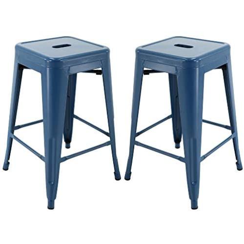Brage Living 24'' Barstools Backless Metal Barstool Indoor-Oudoor Counter Height Stool with Square Seat (2, Indigo Blue) BR1871023-2