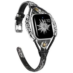 Wearlizer Leather Compatible with Apple Watch Band 38mm 40mm for iWatch SE Womens Handmade Floral Strip Black White Flower Strap Vintage Metal Rope Wristband Stylish Bracelet Series 6 5 4 3 2 1