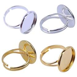 Jdesun 20 Pieces Ring Blanks with 16mm Adjustable Ring Bases, Metal Round Finger Ring Trays, Gold and Silver Plated